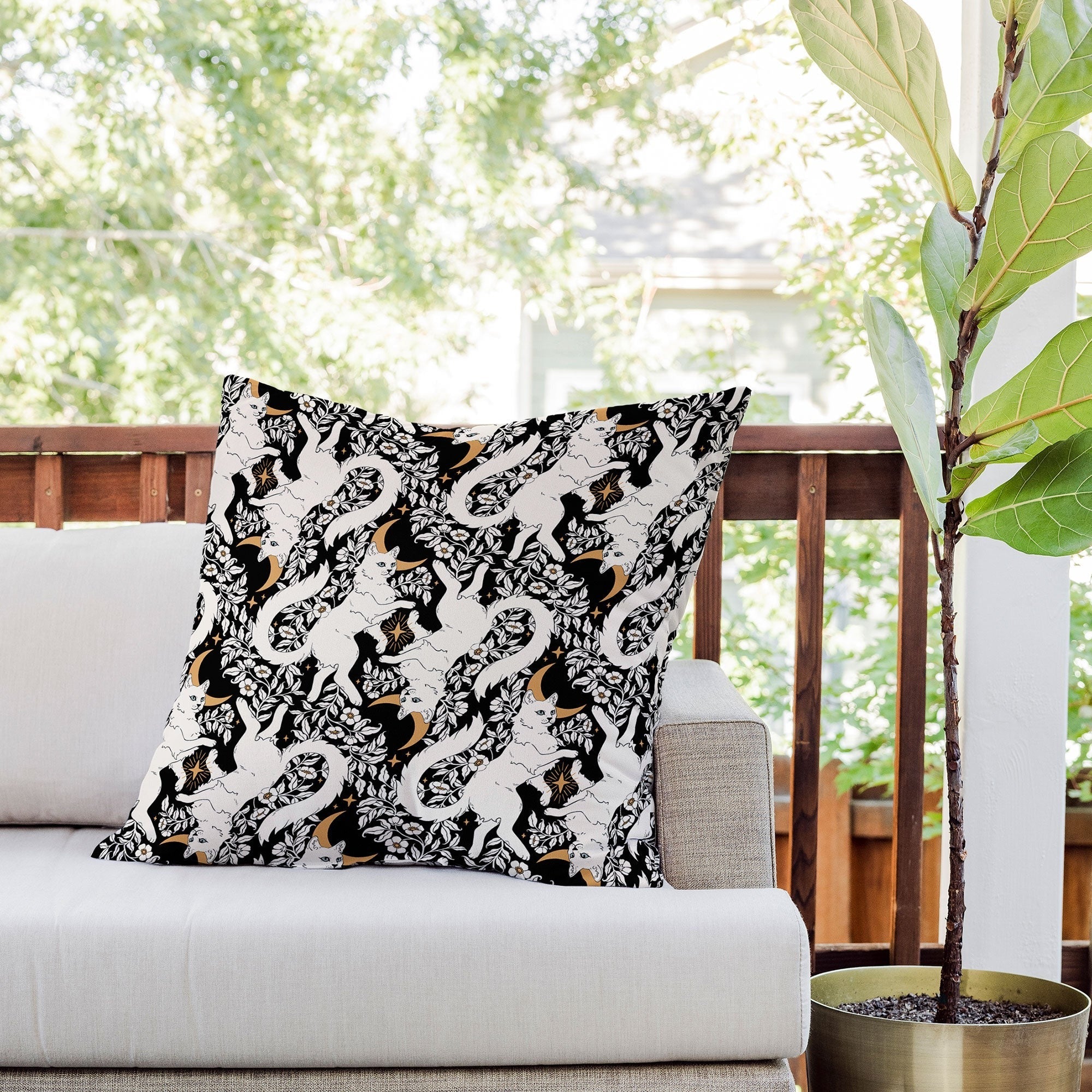 Avenie Celestial Cats Gold Outdoor Throw Pillow
