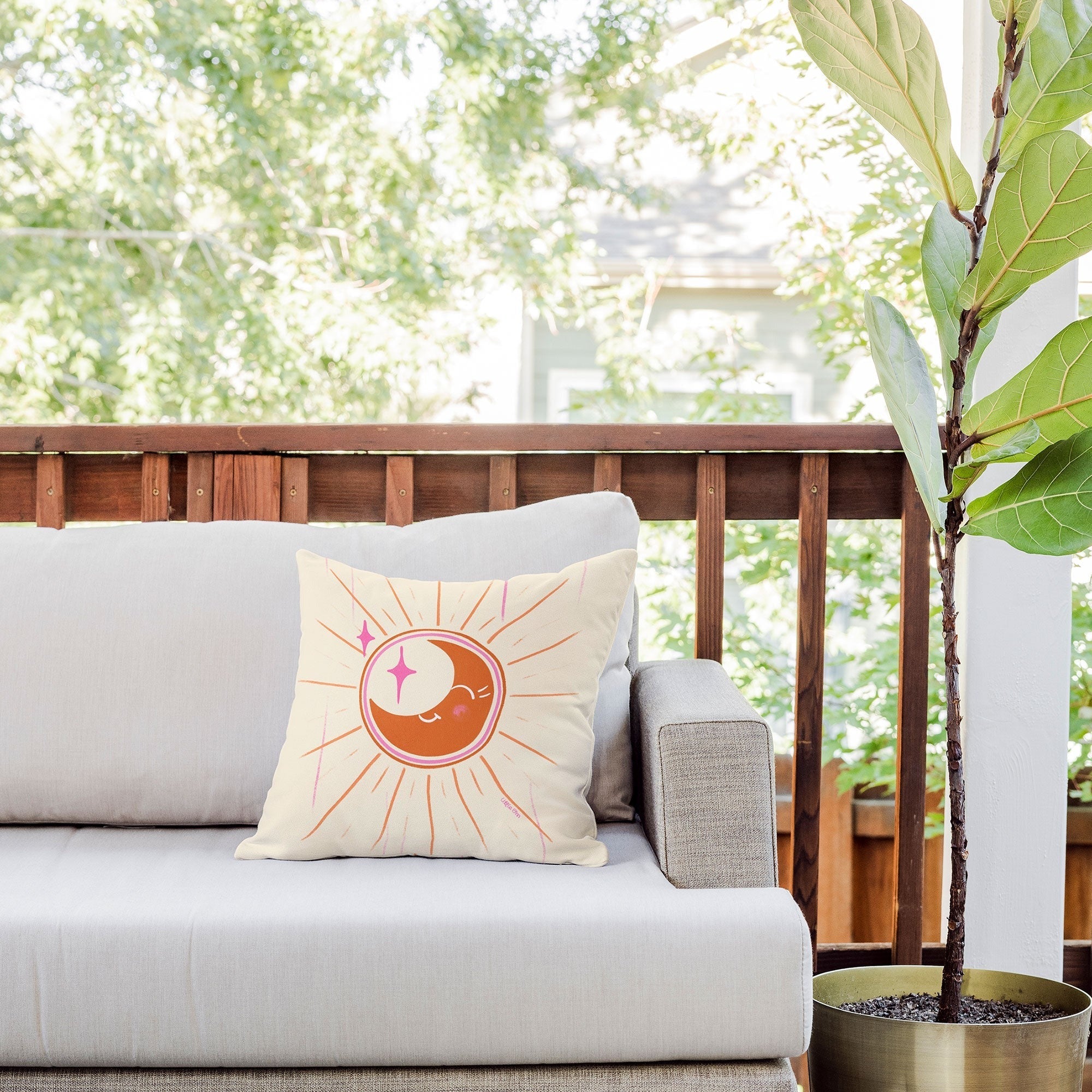 Little Om Celestial Moon cream Outdoor Throw Pillow