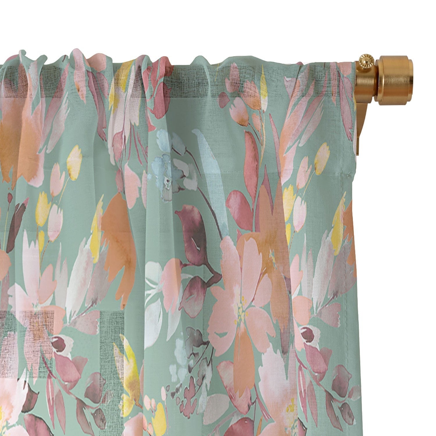 Ninola Design Botanic Retreat Floral Oleander Whimsical Teal Green Sheer Window Curtain