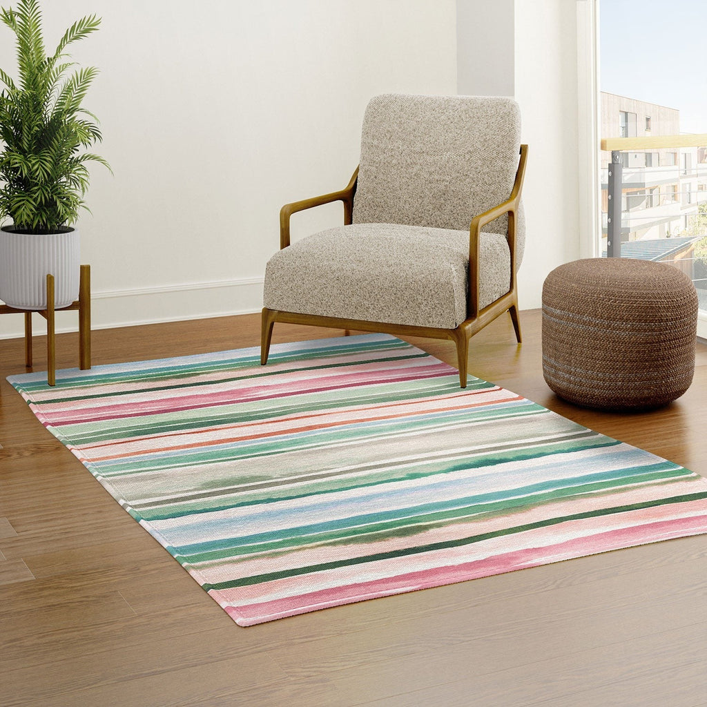 Ninola Design Botanic Retreat Watercolor Stripes Green Orange Red Area Rug