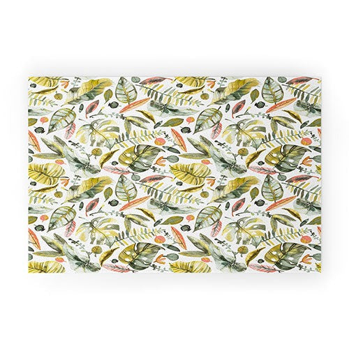 Ninola Design Botanic Retreat Tropical Jungle Leaves Botanical Green Orange Welcome Mat