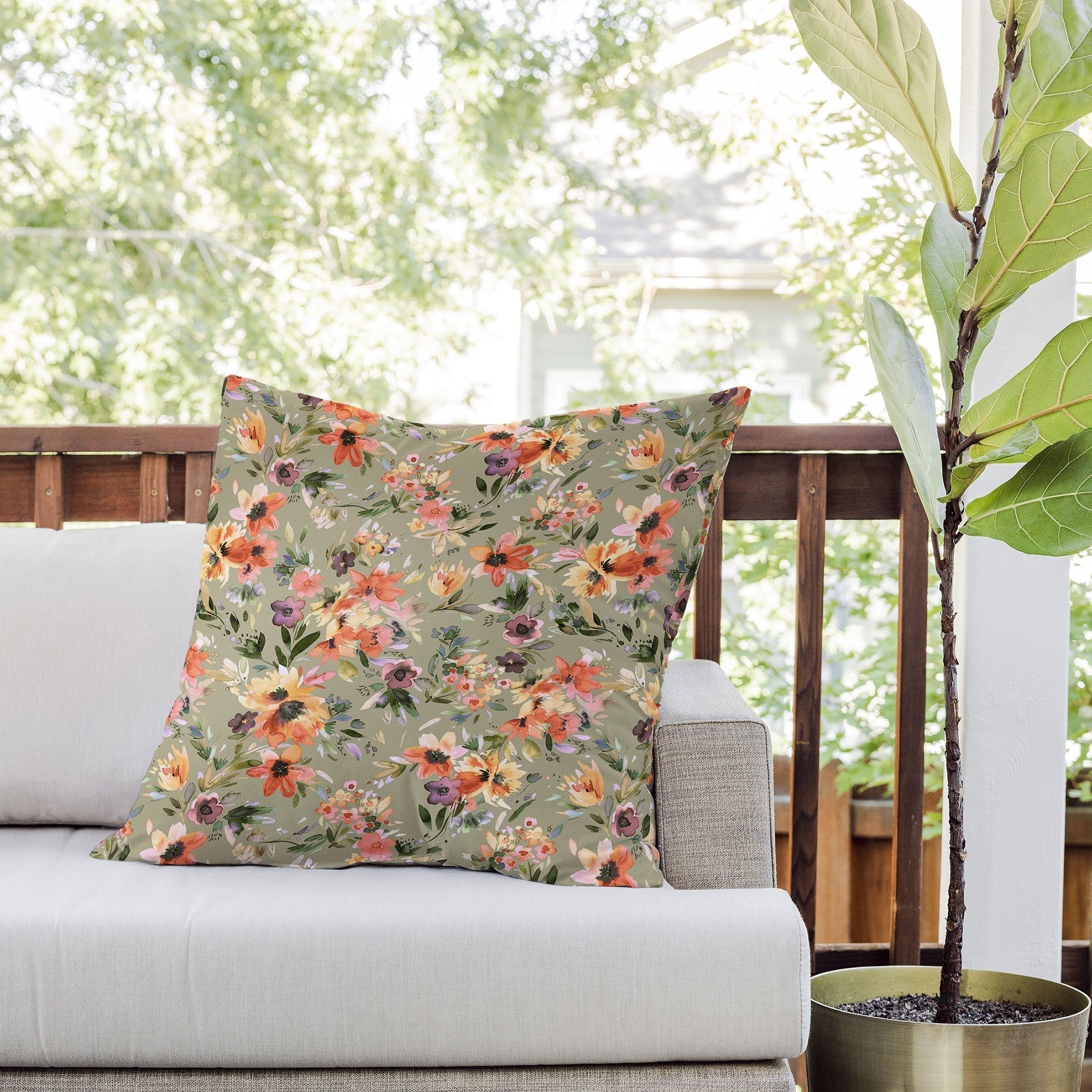 Ninola Design Botanic Retreat Painterly Tropical Flowers Sage Green Outdoor Throw Pillow