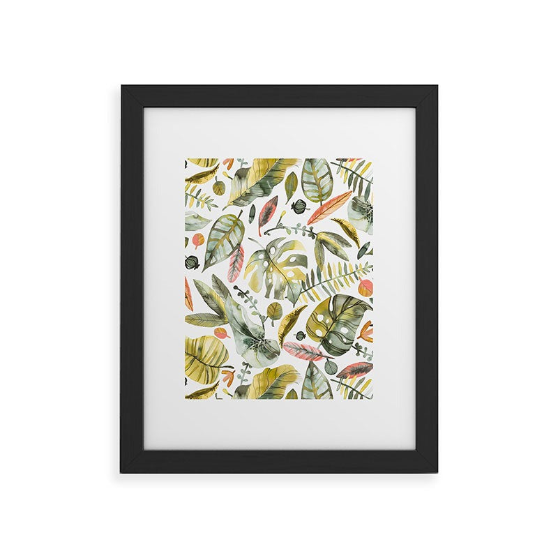 Ninola Design Botanic Retreat Tropical Jungle Leaves Botanical Green Orange Framed Art Print