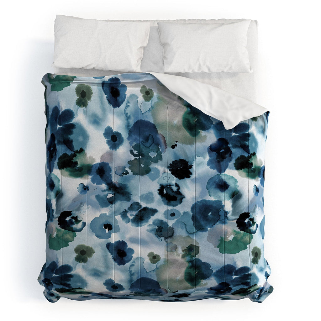 Ninola Design Botanic Retreat Ombre Abstract Watercolor Flowers Blue Navy Comforter