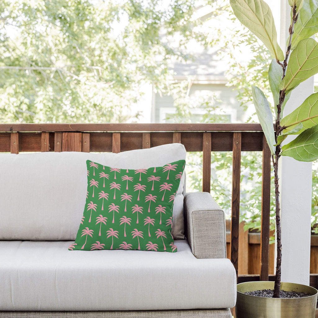 Design by Spark Pink Palm Tree Oasis Outdoor Throw Pillow