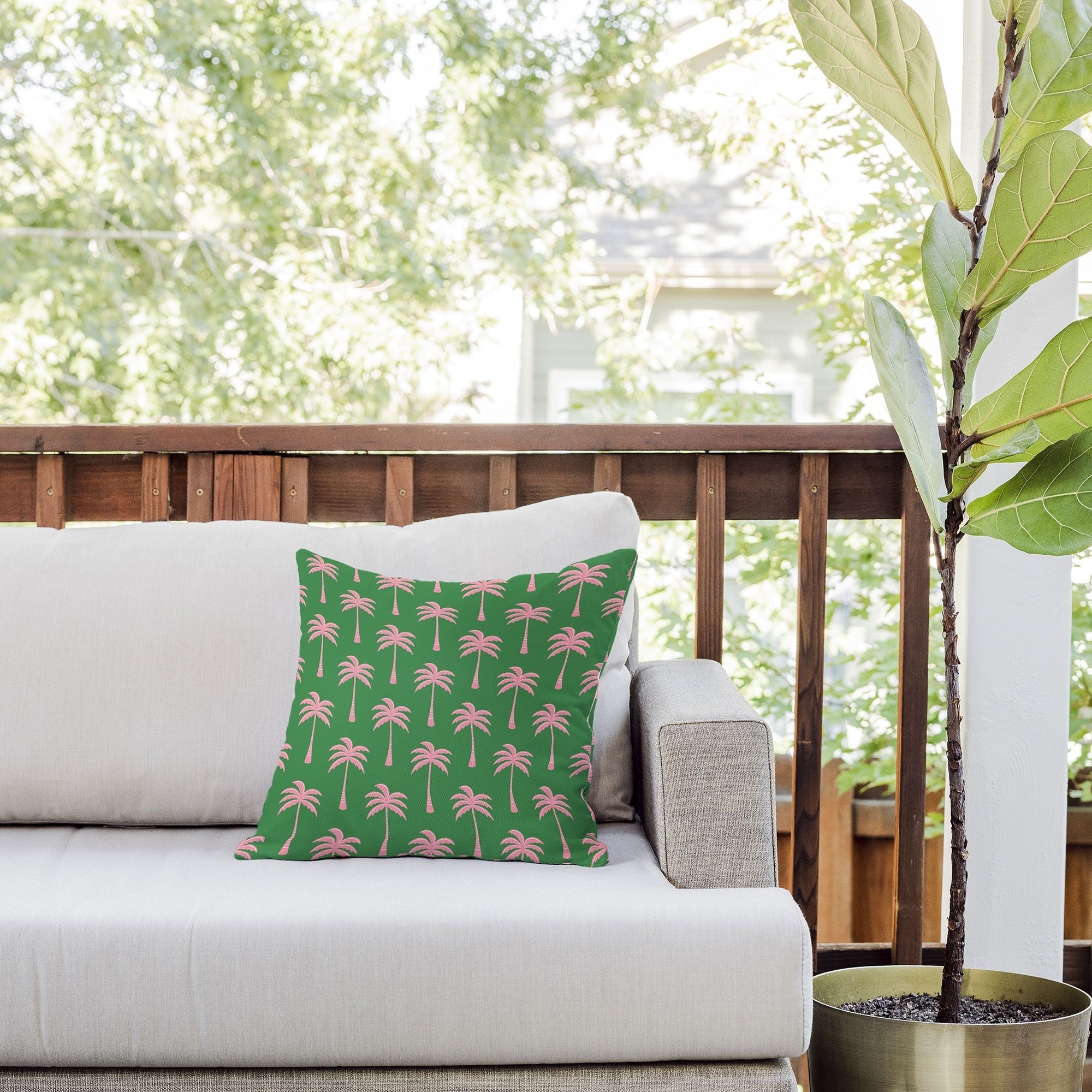Design by Spark Pink Palm Tree Oasis Outdoor Throw Pillow