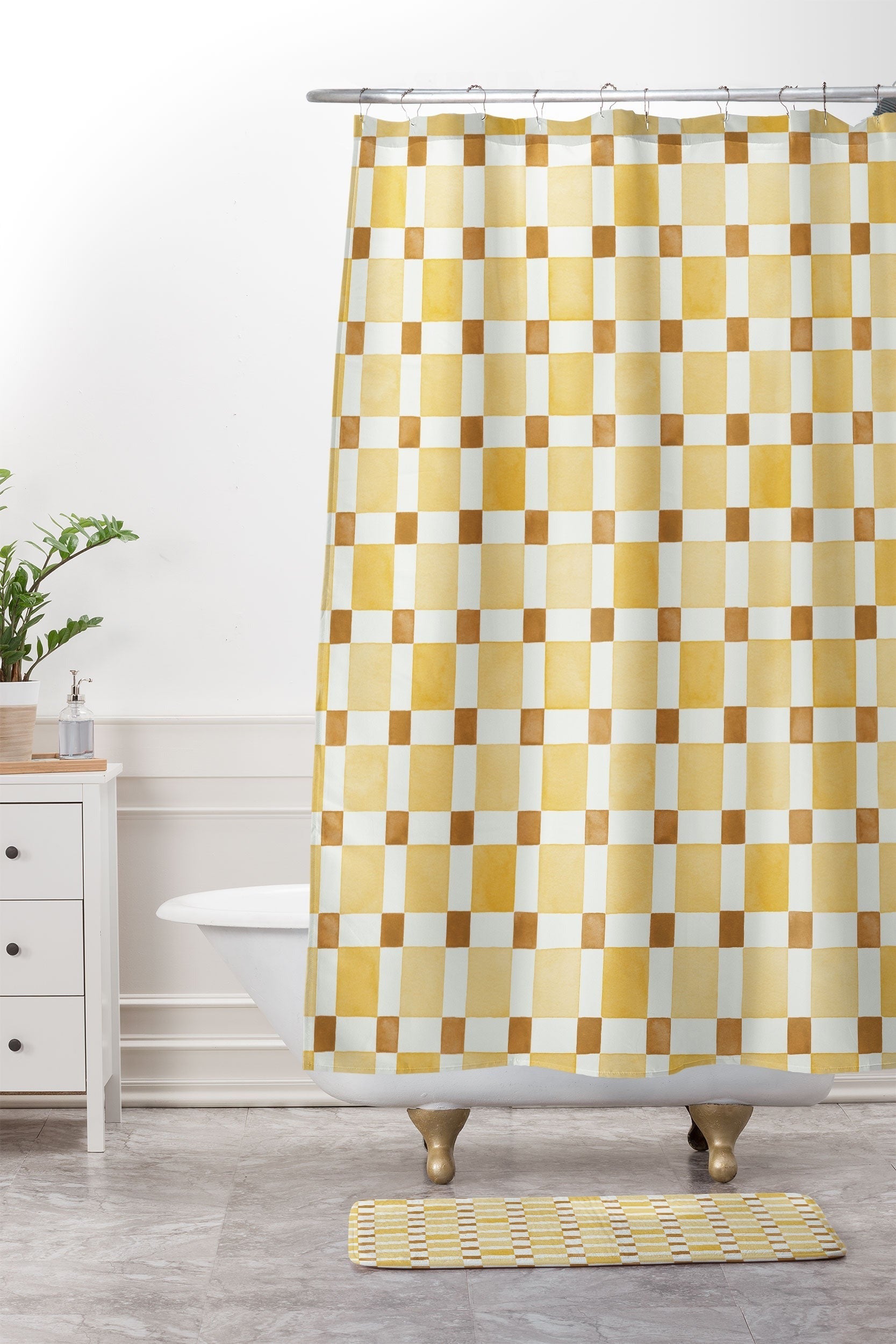 Ninola Design Everyday Artifact Checker Mosaic Tiles Geometry Yellow Memory Foam Bath Mat