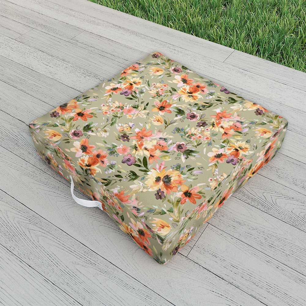 Ninola Design Botanic Retreat Painterly Tropical Flowers Sage Green Outdoor Floor Cushion