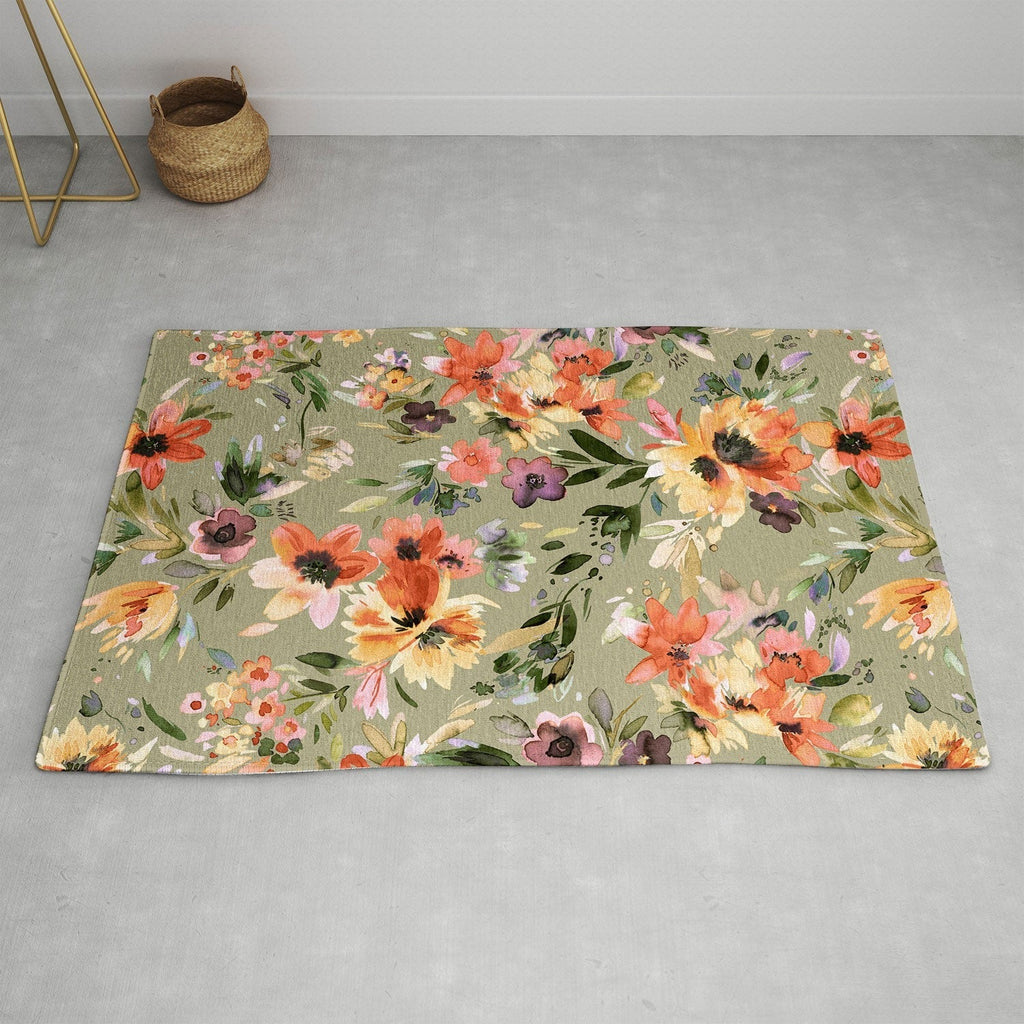Ninola Design Botanic Retreat Painterly Tropical Flowers Sage Green Area Rug