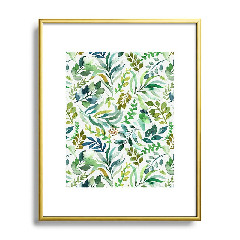 Ninola Design Botanic Retreat Loose Botanical Leaves Watercolor Green Metal Framed Art Print