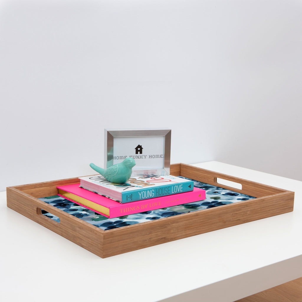Ninola Design Botanic Retreat Ombre Abstract Watercolor Flowers Blue Navy Rectangular Tray