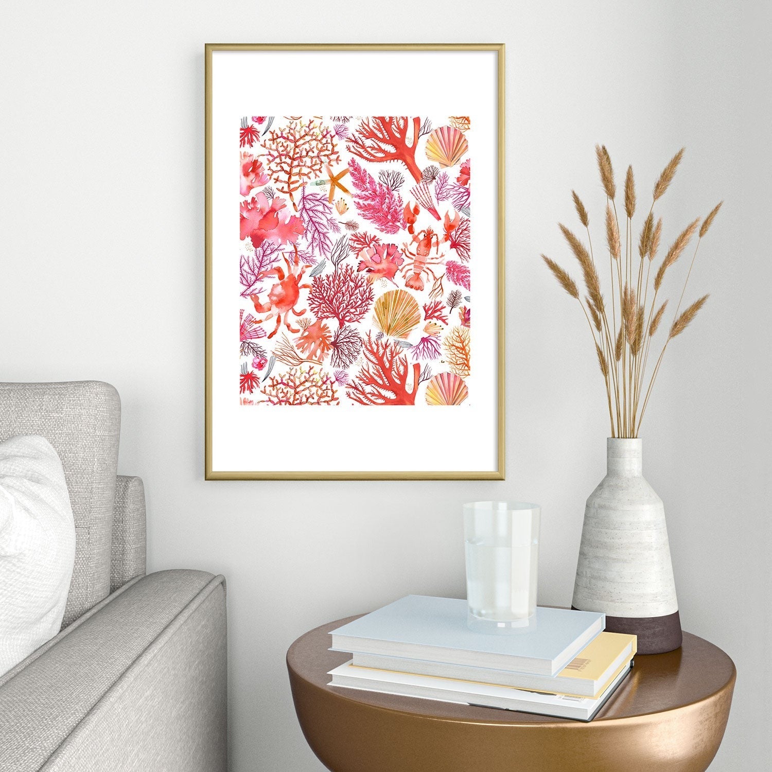 Ninola Design Botanic Retreat Coral Reef Crab Lobster Red Metal Framed Art Print