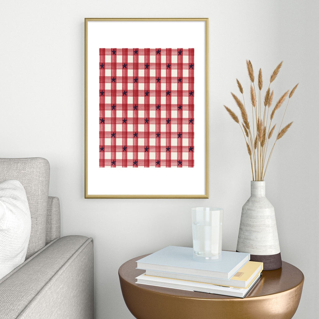 DENY Designs Red Gingham plus Stars Metal Framed Art Print