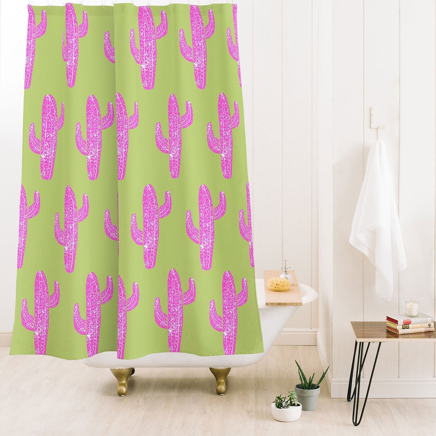 Bianca Green Linocut Cacti Pink Shower Curtain