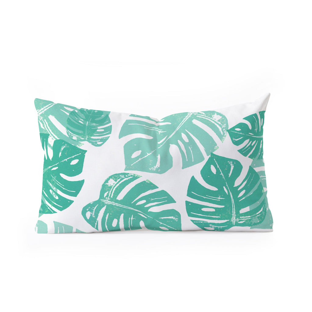 Bianca Green Linocut Monstera Oblong Throw Pillow