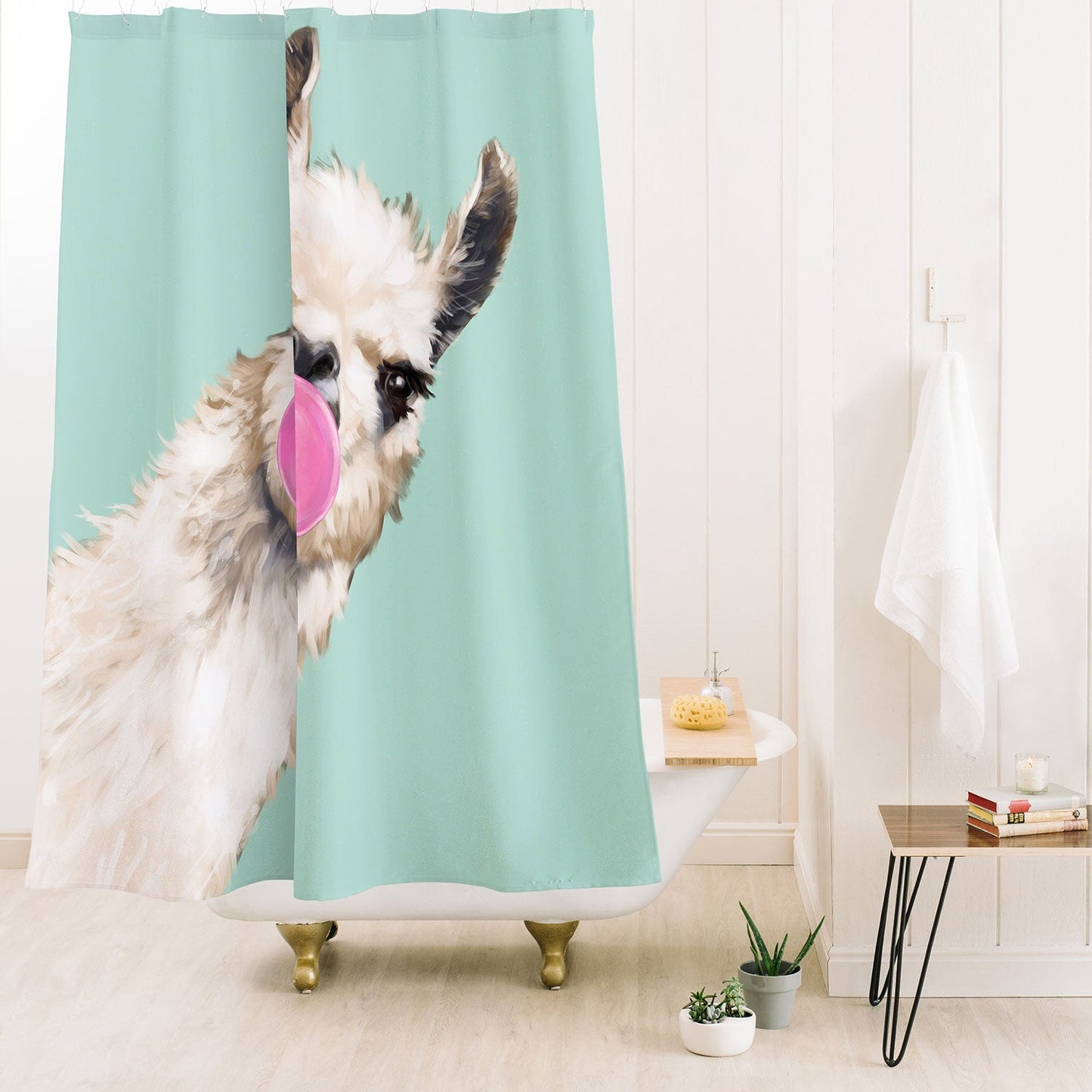 Big Nose Work Bubblegum Llama in Green Shower Curtain