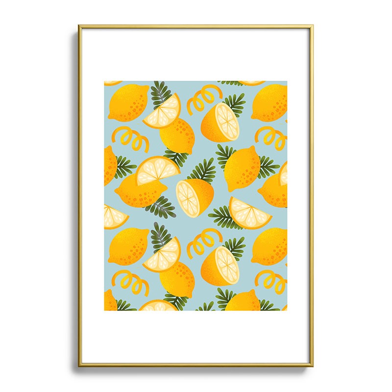 Jessica Molina Lemon Pattern on Sky Blue Metal Framed Art Print