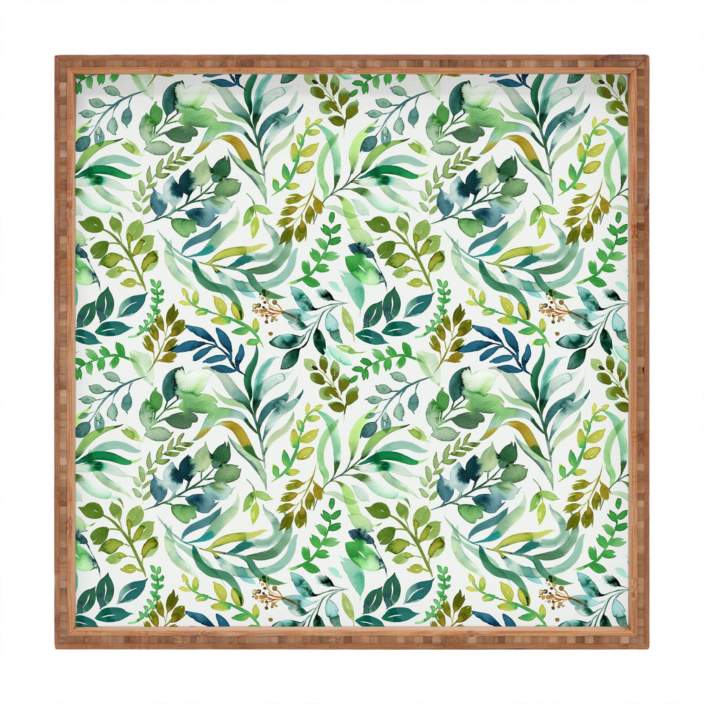 Ninola Design Botanic Retreat Loose Botanical Leaves Watercolor Green Square Tray