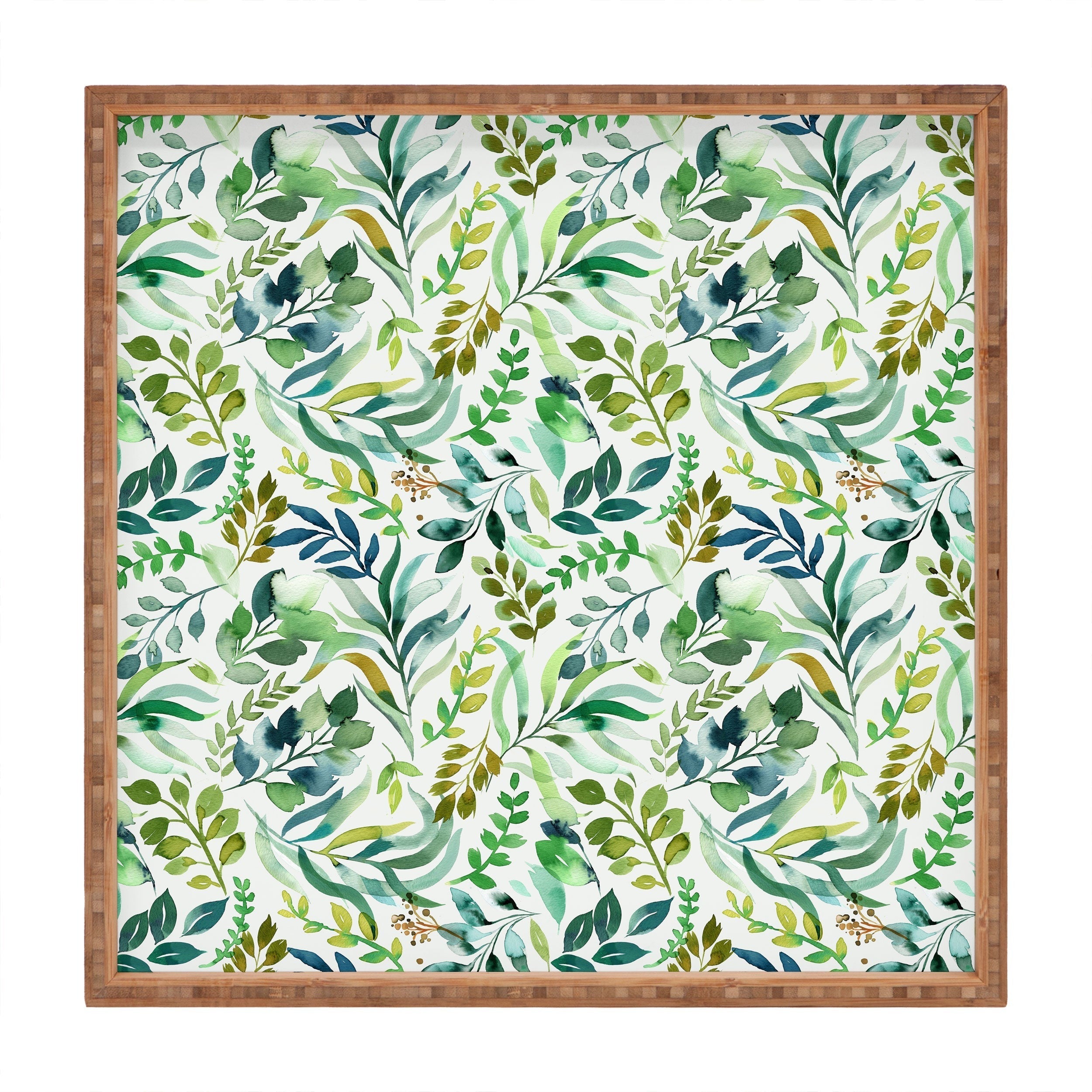 Ninola Design Botanic Retreat Loose Botanical Leaves Watercolor Green Square Tray