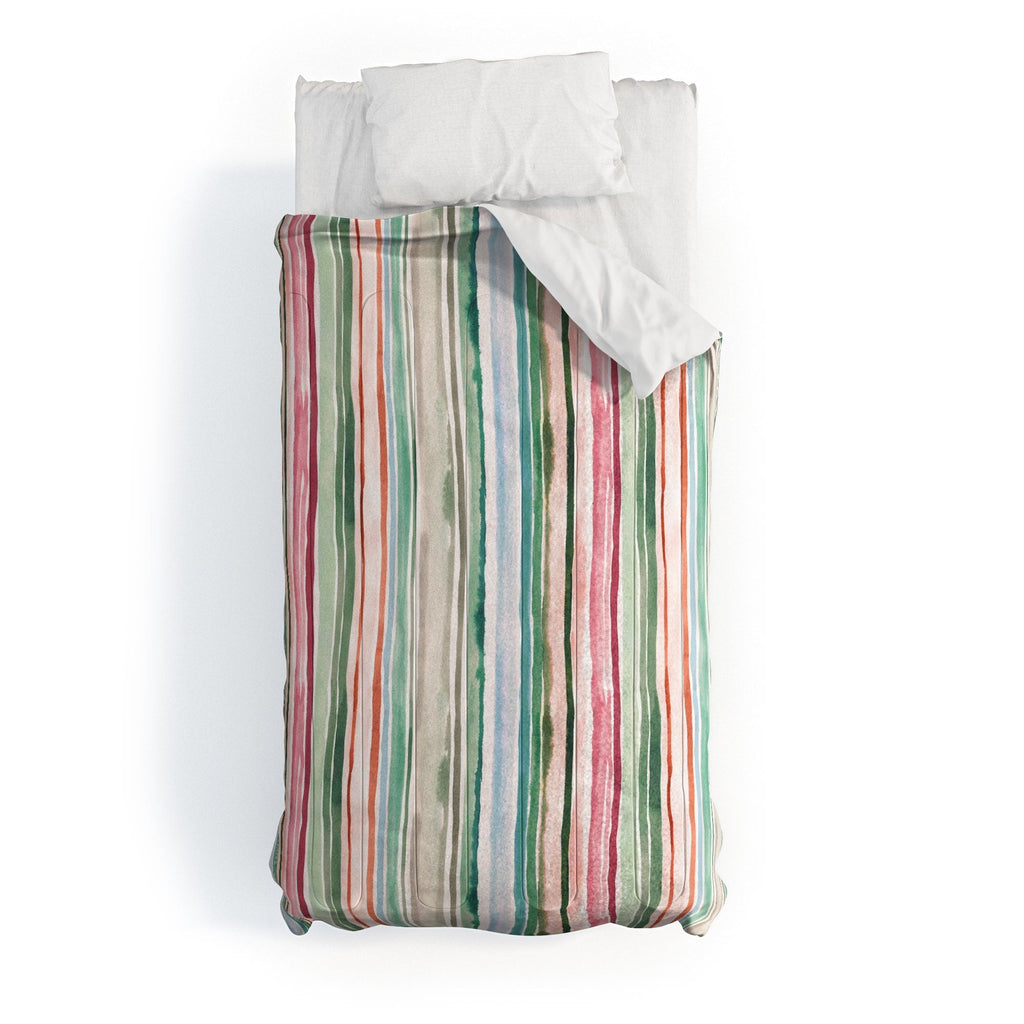 Ninola Design Botanic Retreat Watercolor Stripes Green Orange Red Comforter
