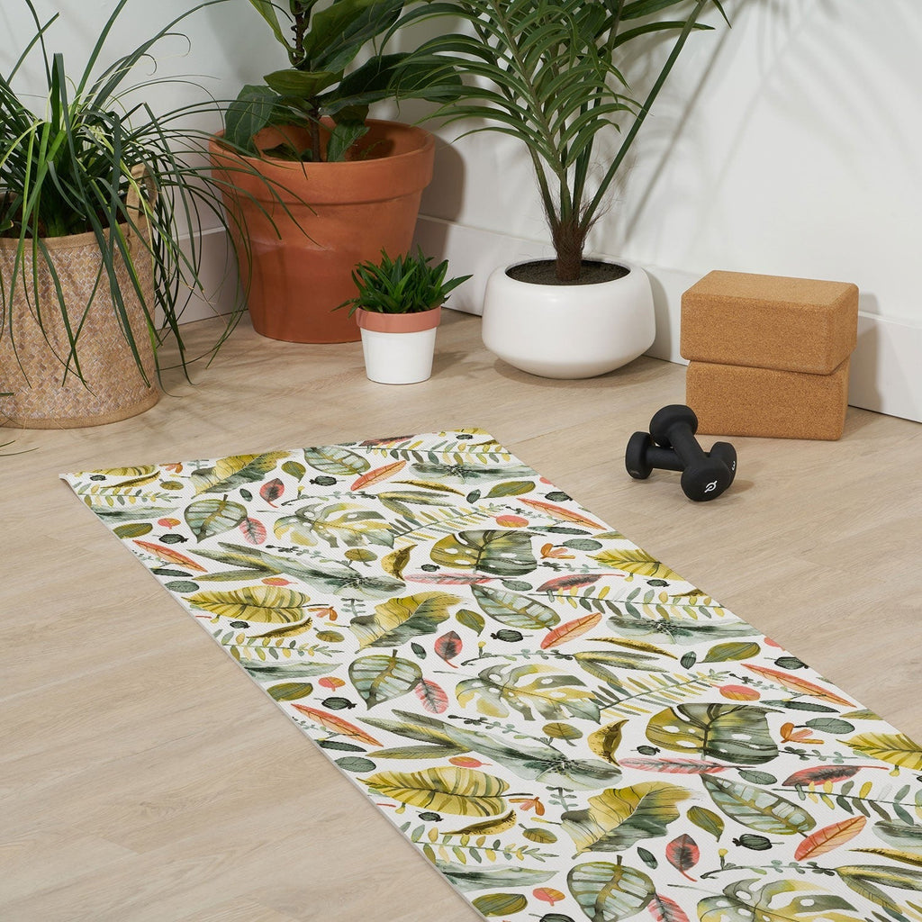 Ninola Design Botanic Retreat Tropical Jungle Leaves Botanical Green Orange Yoga Mat