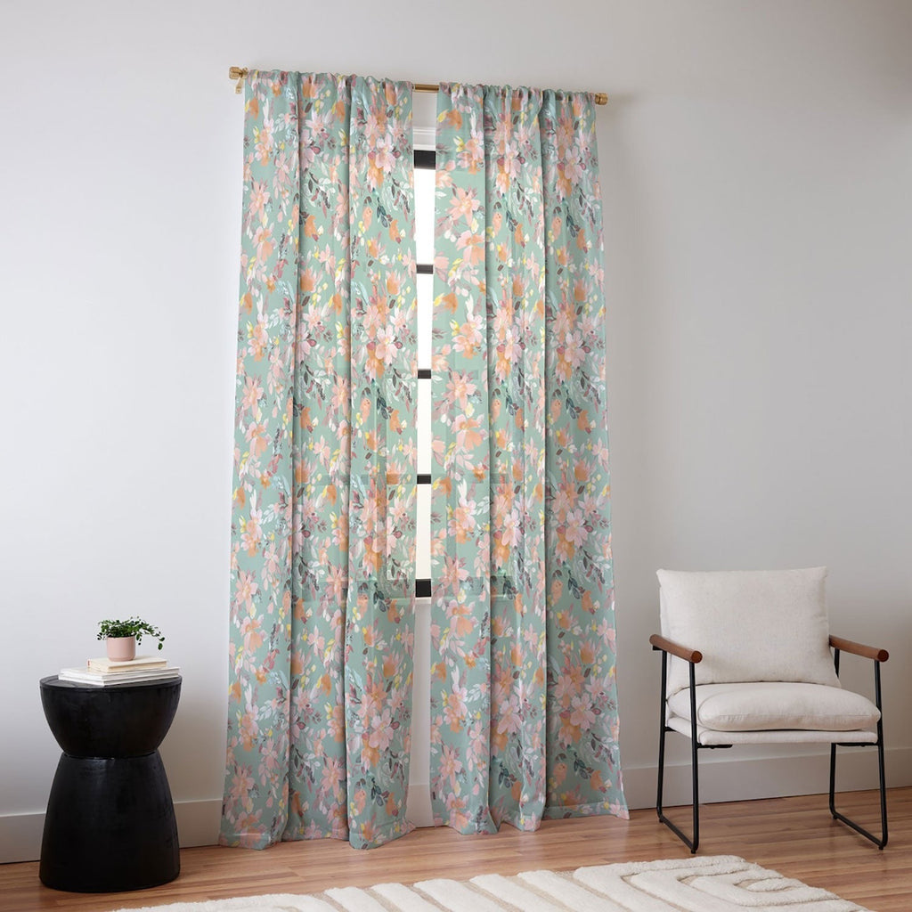 Ninola Design Botanic Retreat Floral Oleander Whimsical Teal Green Sheer Window Curtain
