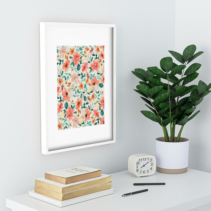 Ninola Design Botanic Retreat Tropical Whimsical Flowers Coral Green Recessed Framing Rectangle