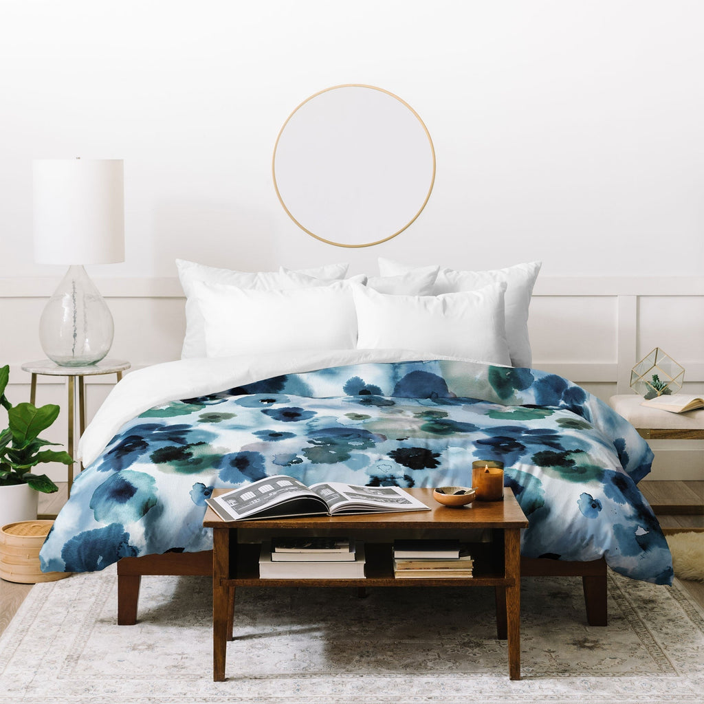 Ninola Design Botanic Retreat Ombre Abstract Watercolor Flowers Blue Navy Duvet Cover