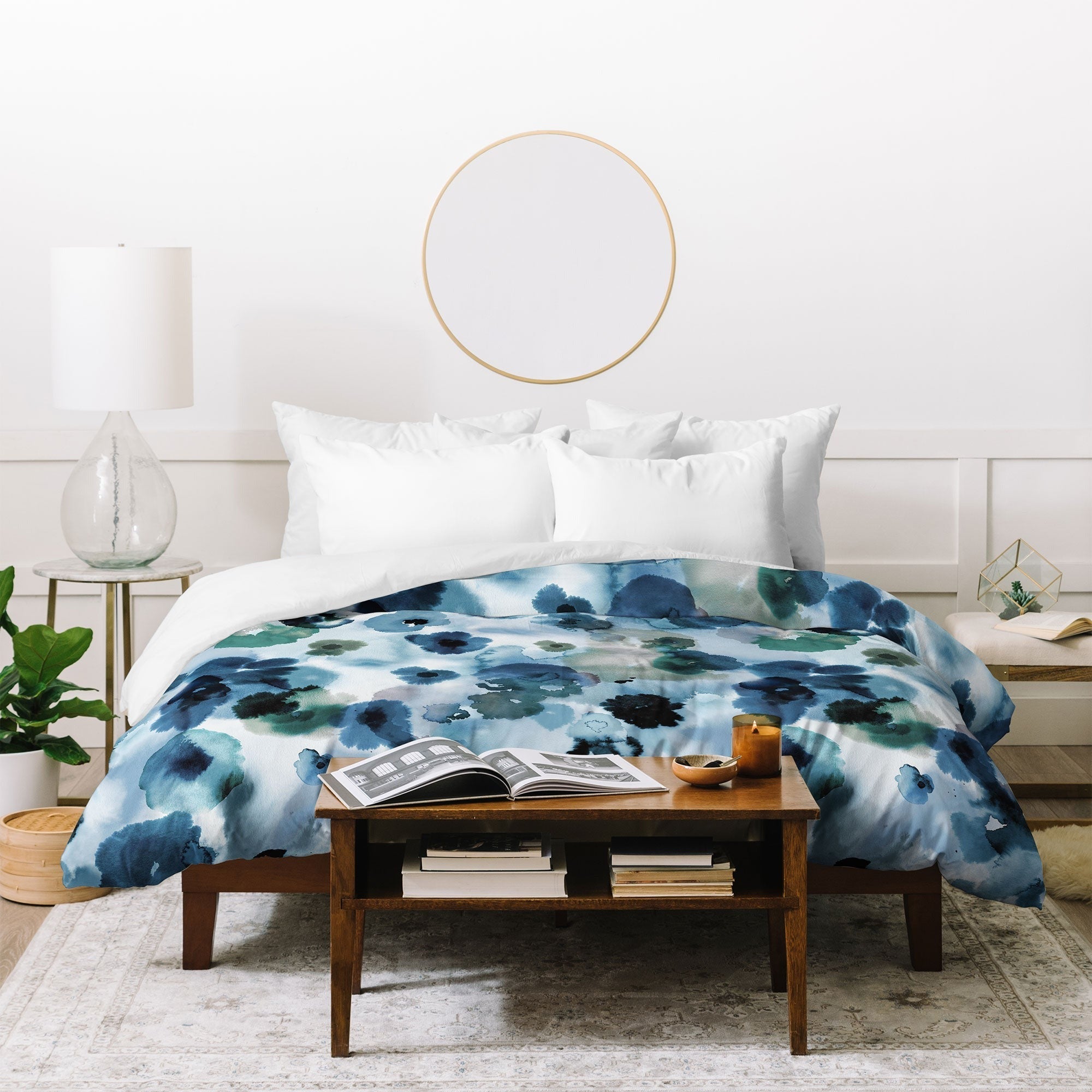 Ninola Design Botanic Retreat Ombre Abstract Watercolor Flowers Blue Navy Duvet Cover