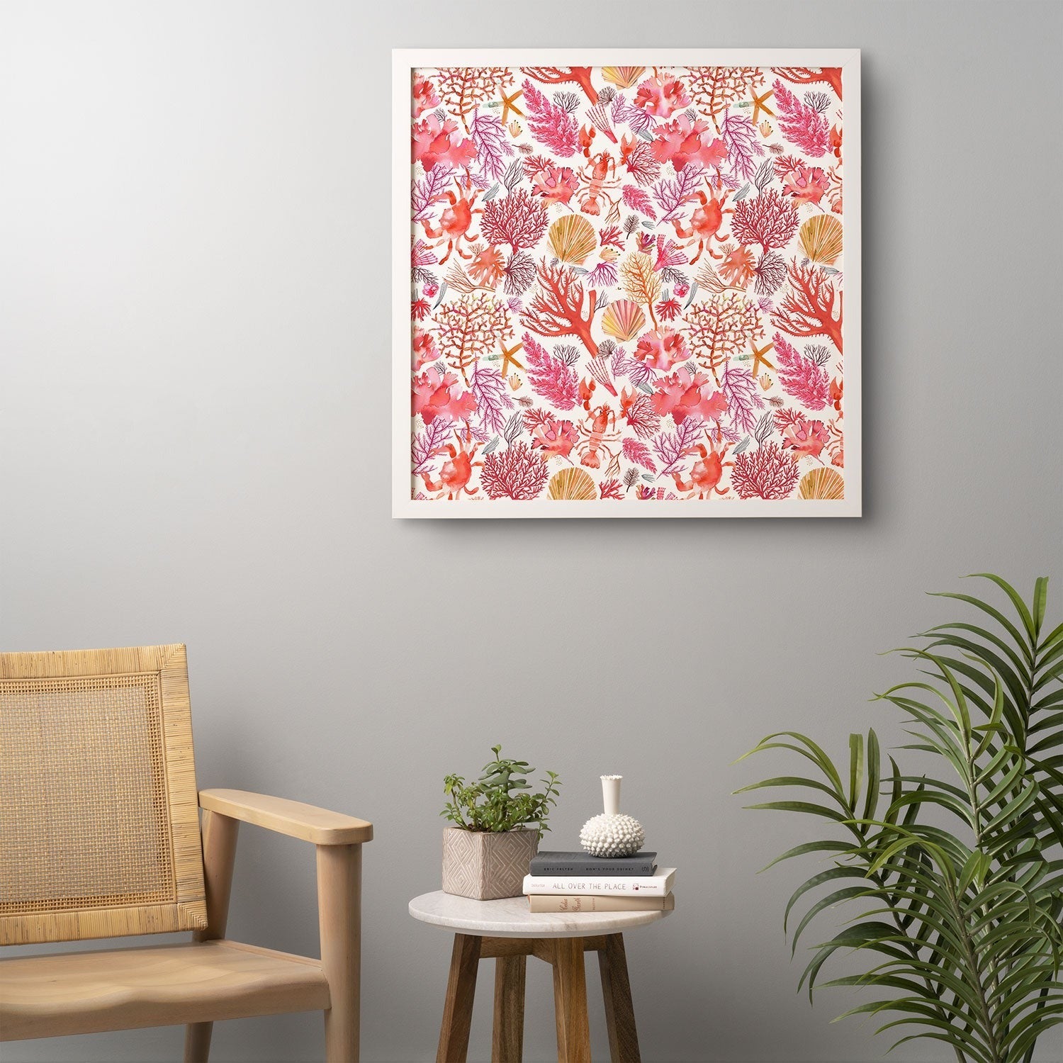 Ninola Design Botanic Retreat Coral Reef Crab Lobster Red Framed Wall Art