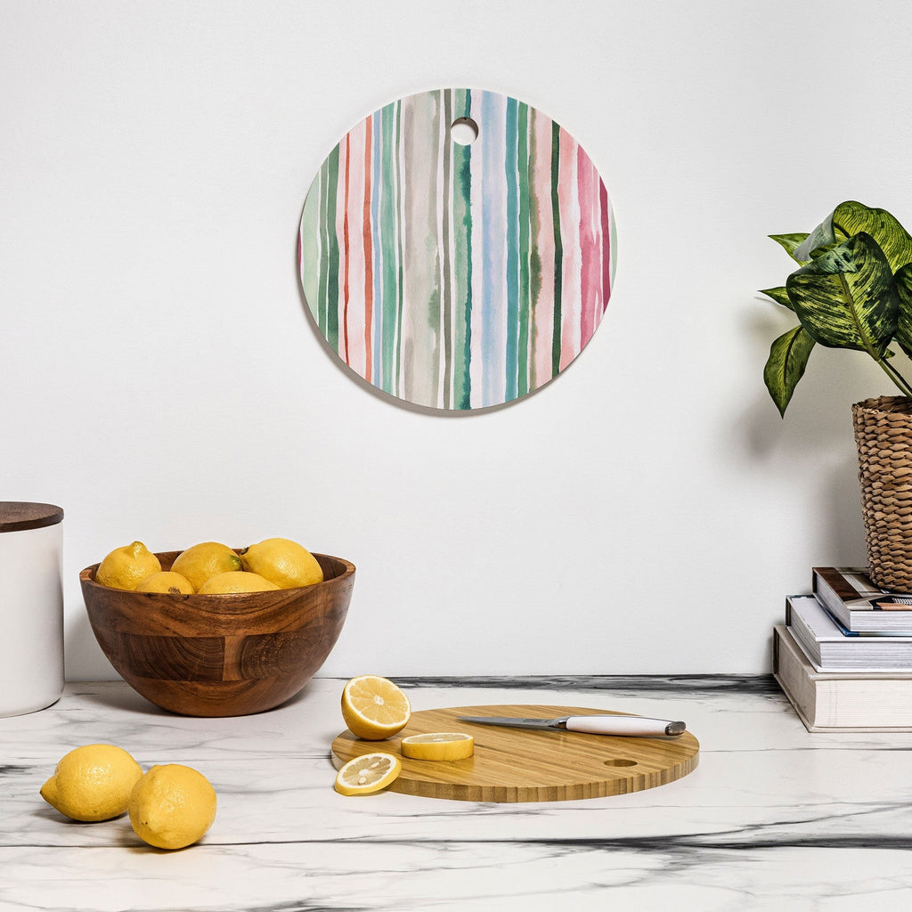 Ninola Design Botanic Retreat Watercolor Stripes Green Orange Red Cutting Board Round