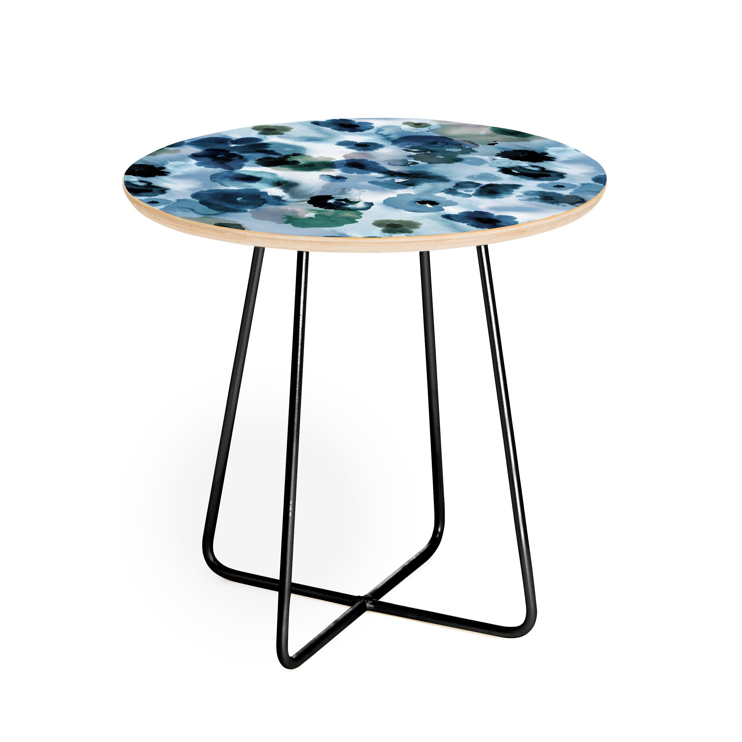 Ninola Design Botanic Retreat Ombre Abstract Watercolor Flowers Blue Navy Round Side Table