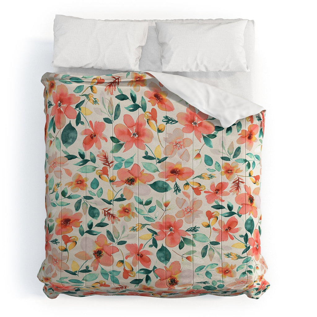 Ninola Design Botanic Retreat Tropical Whimsical Flowers Coral Green Comforter