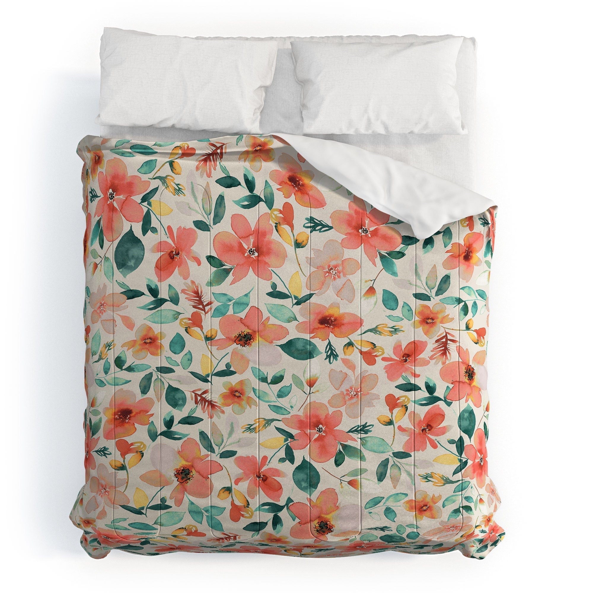 Ninola Design Botanic Retreat Tropical Whimsical Flowers Coral Green Comforter
