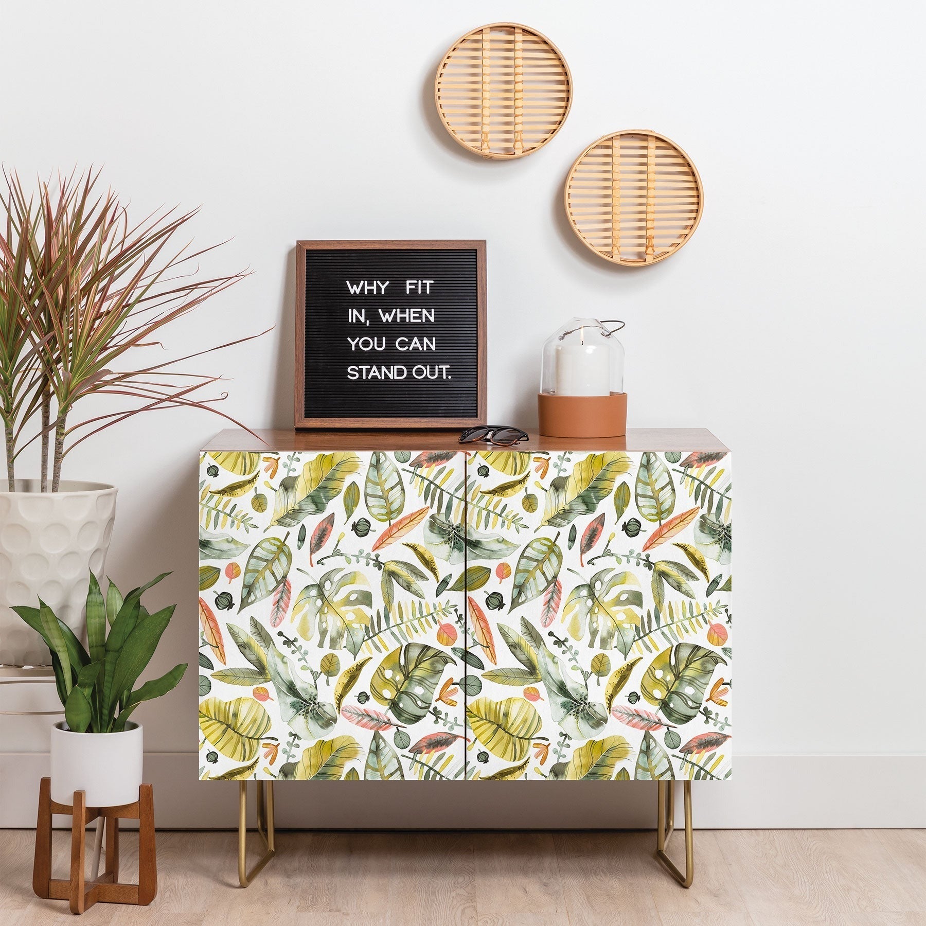 Ninola Design Botanic Retreat Tropical Jungle Leaves Botanical Green Orange Credenza