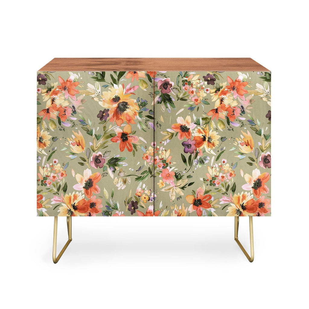Ninola Design Botanic Retreat Painterly Tropical Flowers Sage Green Credenza