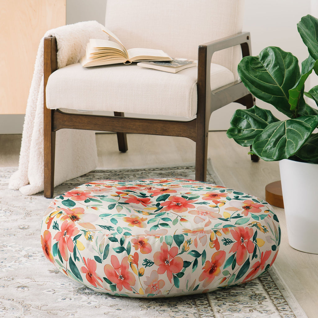 Ninola Design Botanic Retreat Tropical Whimsical Flowers Coral Green Floor Pillow Round
