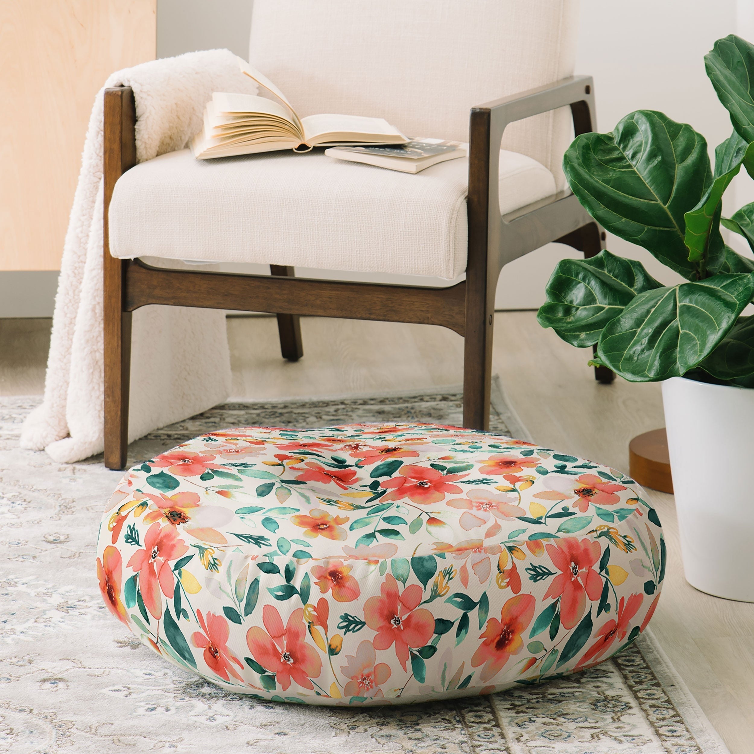 Ninola Design Botanic Retreat Tropical Whimsical Flowers Coral Green Floor Pillow Round