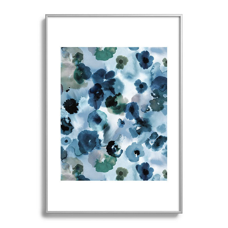 Ninola Design Botanic Retreat Ombre Abstract Watercolor Flowers Blue Navy Metal Framed Art Print