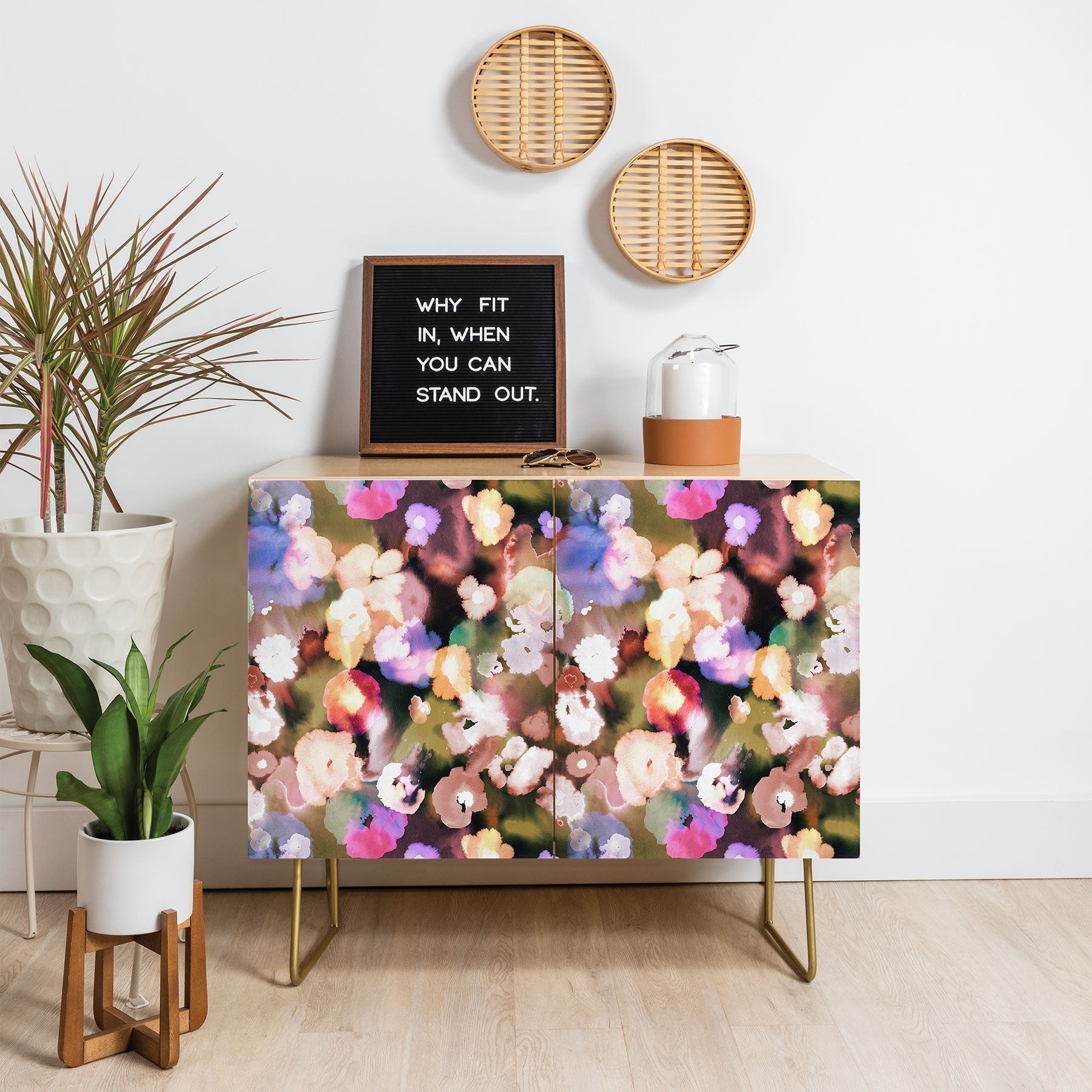 Ninola Design Botanic Retreat Ombre Abstract Watercolor Flowers Pink gold Credenza