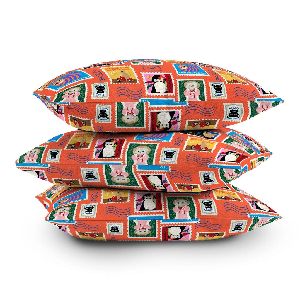 Design by Spark Classic Book Cat Stamps Outdoor Throw Pillow