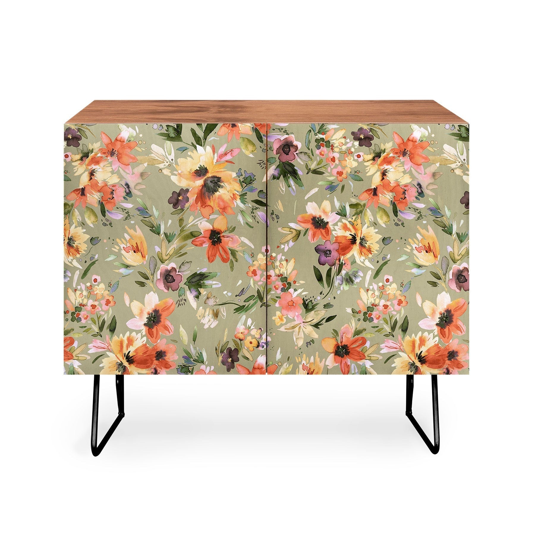 Ninola Design Botanic Retreat Painterly Tropical Flowers Sage Green Credenza