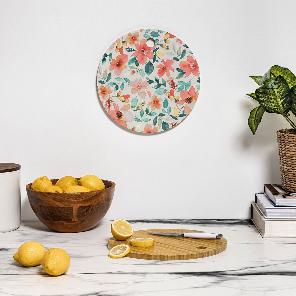 Ninola Design Botanic Retreat Tropical Whimsical Flowers Coral Green Cutting Board Round