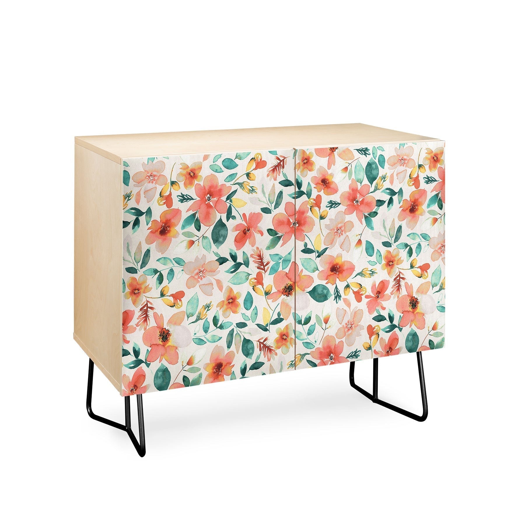 Ninola Design Botanic Retreat Tropical Whimsical Flowers Coral Green Credenza