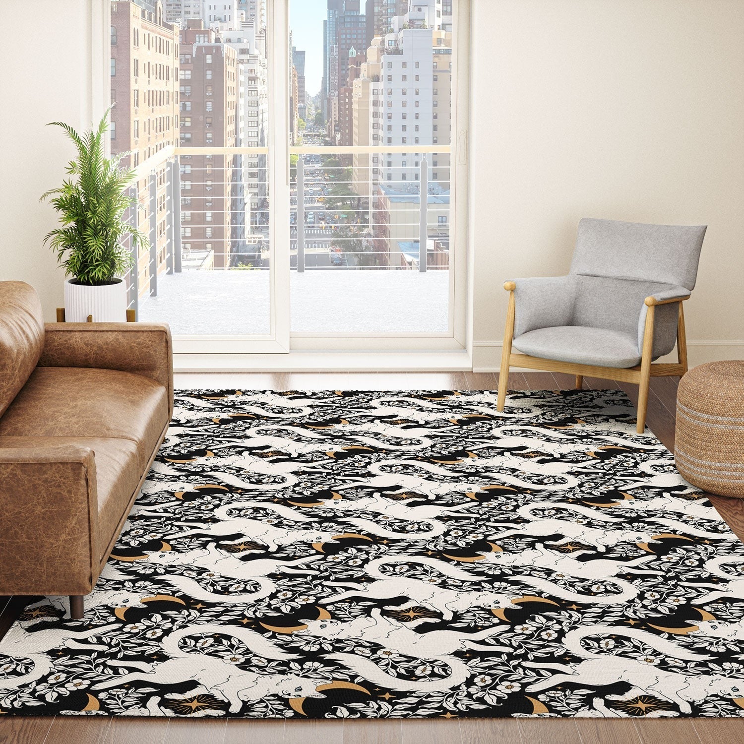 Avenie Celestial Cats Gold Area Rug