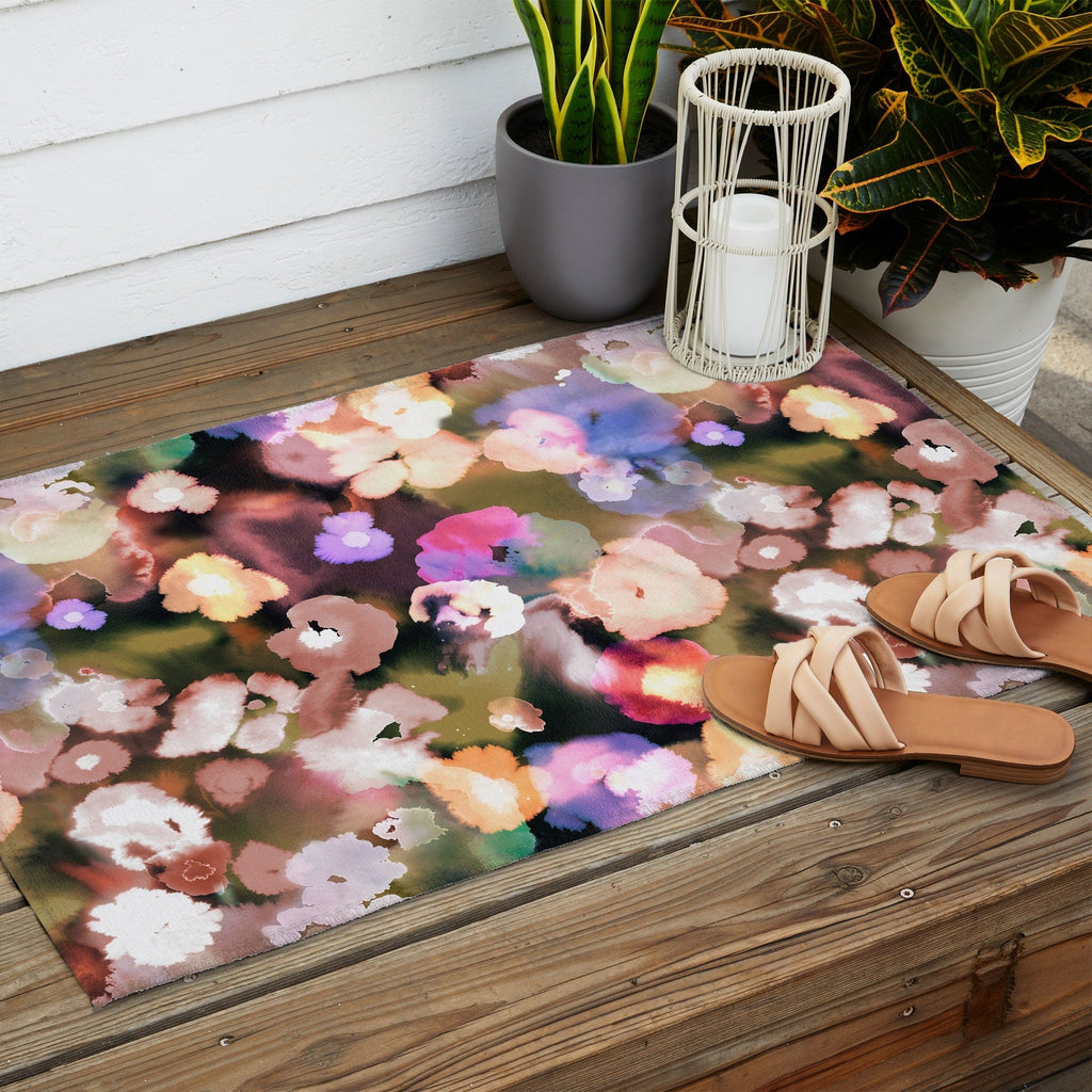 Ninola Design Botanic Retreat Ombre Abstract Watercolor Flowers Pink gold Outdoor Rug