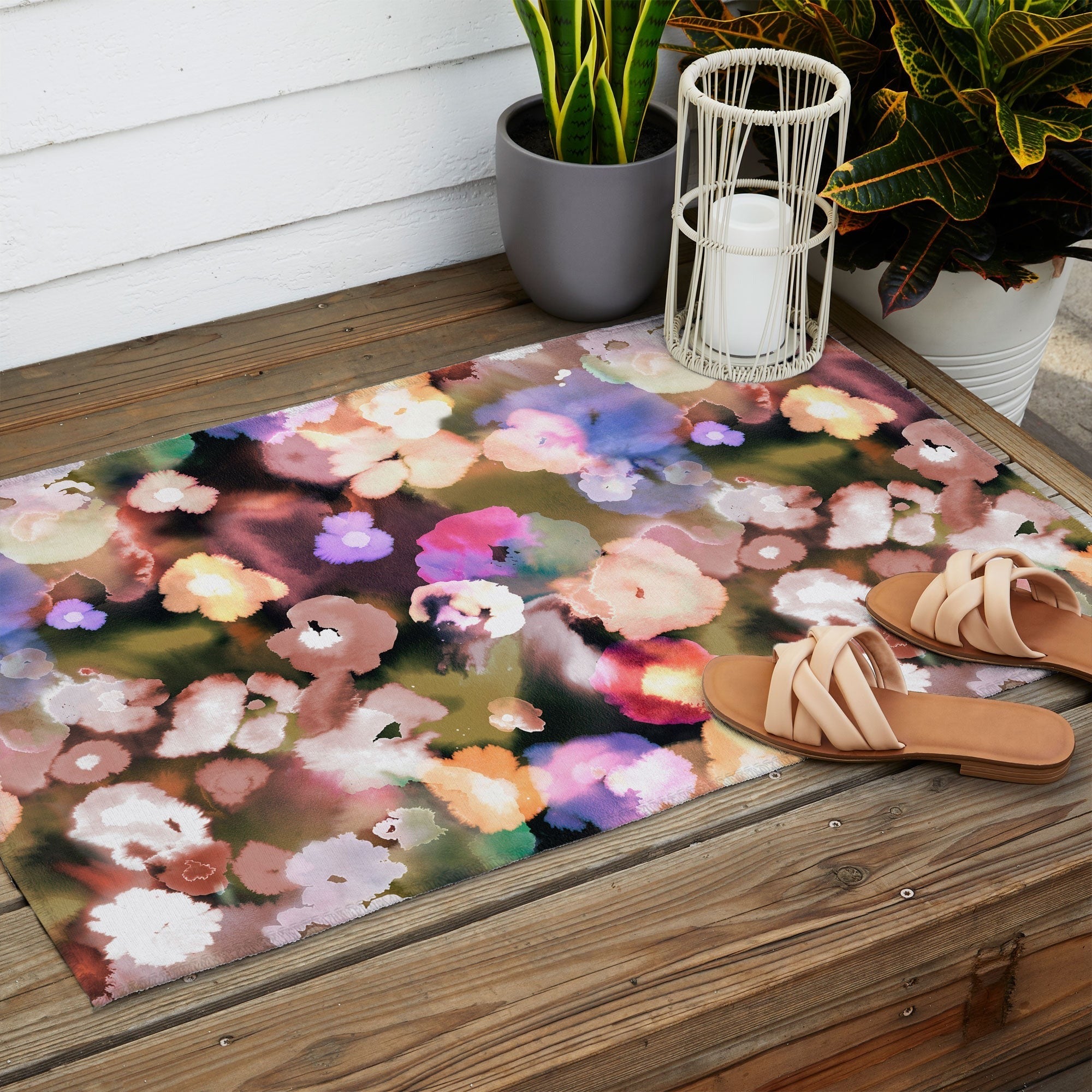 Ninola Design Botanic Retreat Ombre Abstract Watercolor Flowers Pink gold Outdoor Rug
