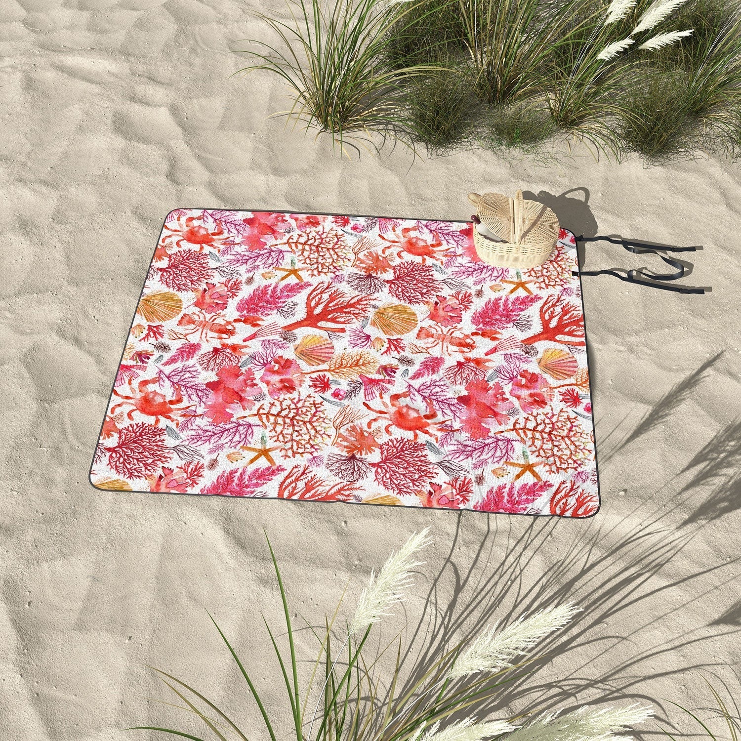 Ninola Design Botanic Retreat Coral Reef Crab Lobster Red Picnic Blanket