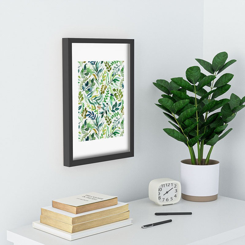 Ninola Design Botanic Retreat Loose Botanical Leaves Watercolor Green Recessed Framing Rectangle
