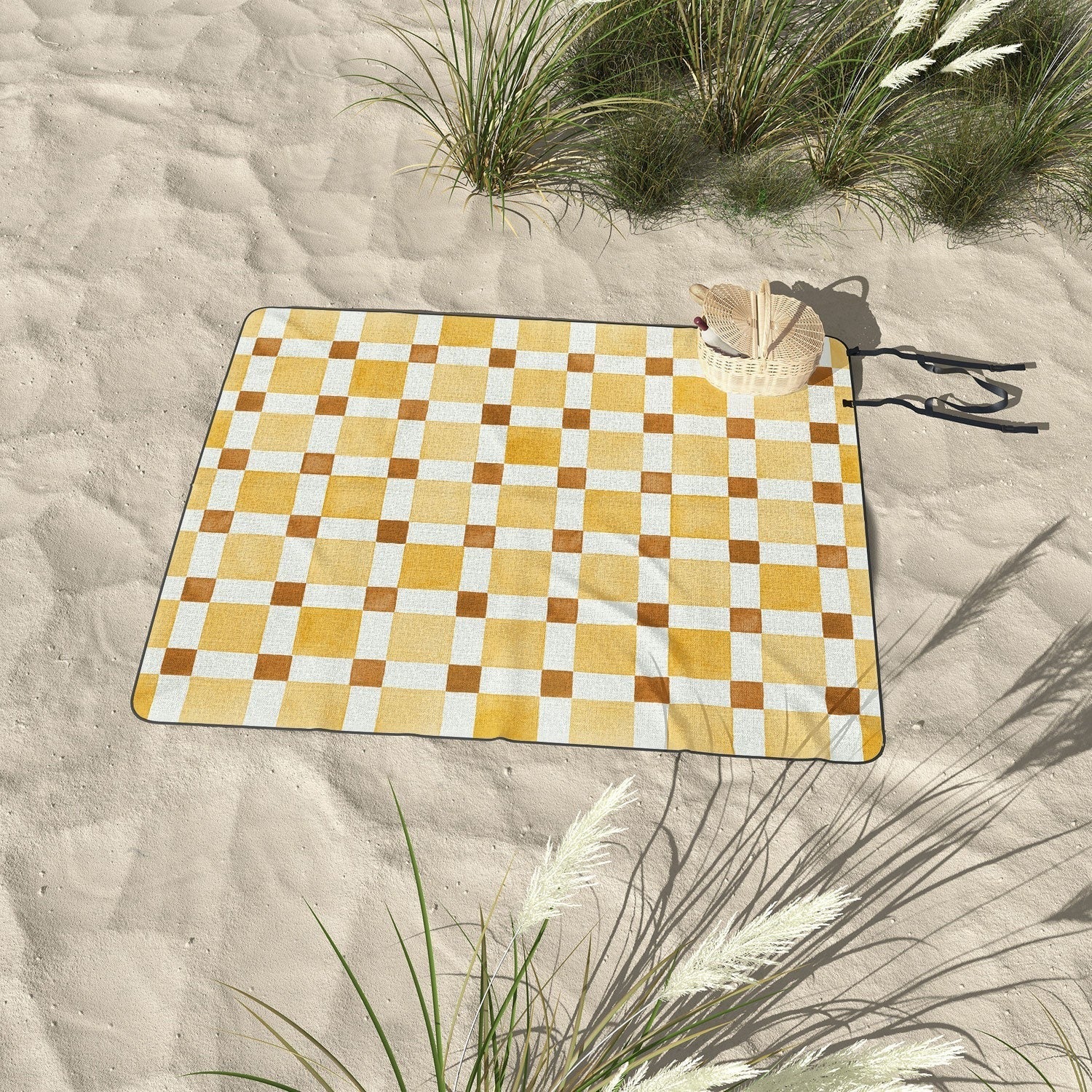 Ninola Design Everyday Artifact Checker Mosaic Tiles Geometry Yellow Picnic Blanket